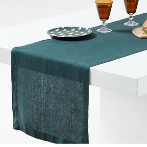 New! Crate&Barrel EUROPEAN FLAX Linen Table Runner 120” in Spruce Green